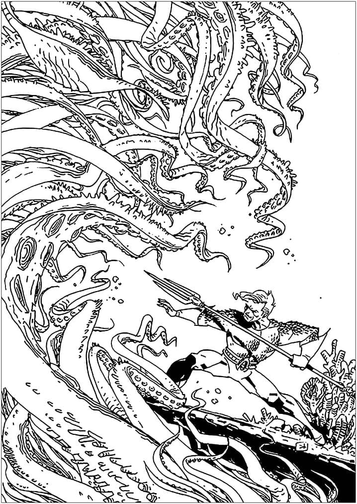 Coloriage Aquaman contre Monstre