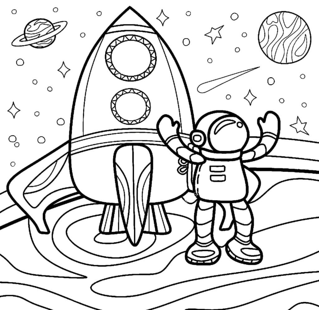 Coloriage Astronaute avec Fusée