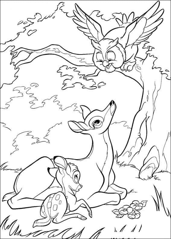 Coloriage Bambi, Mère et Monsieur Hibou