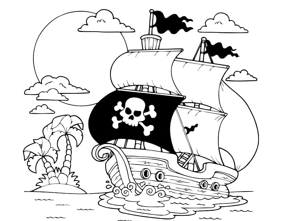 Coloriage Bateau pirate et île
