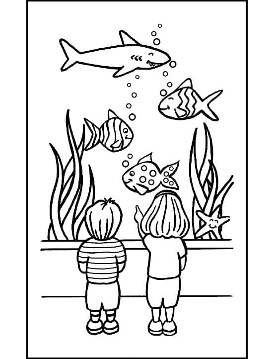 Enfants et Aquarium coloring page