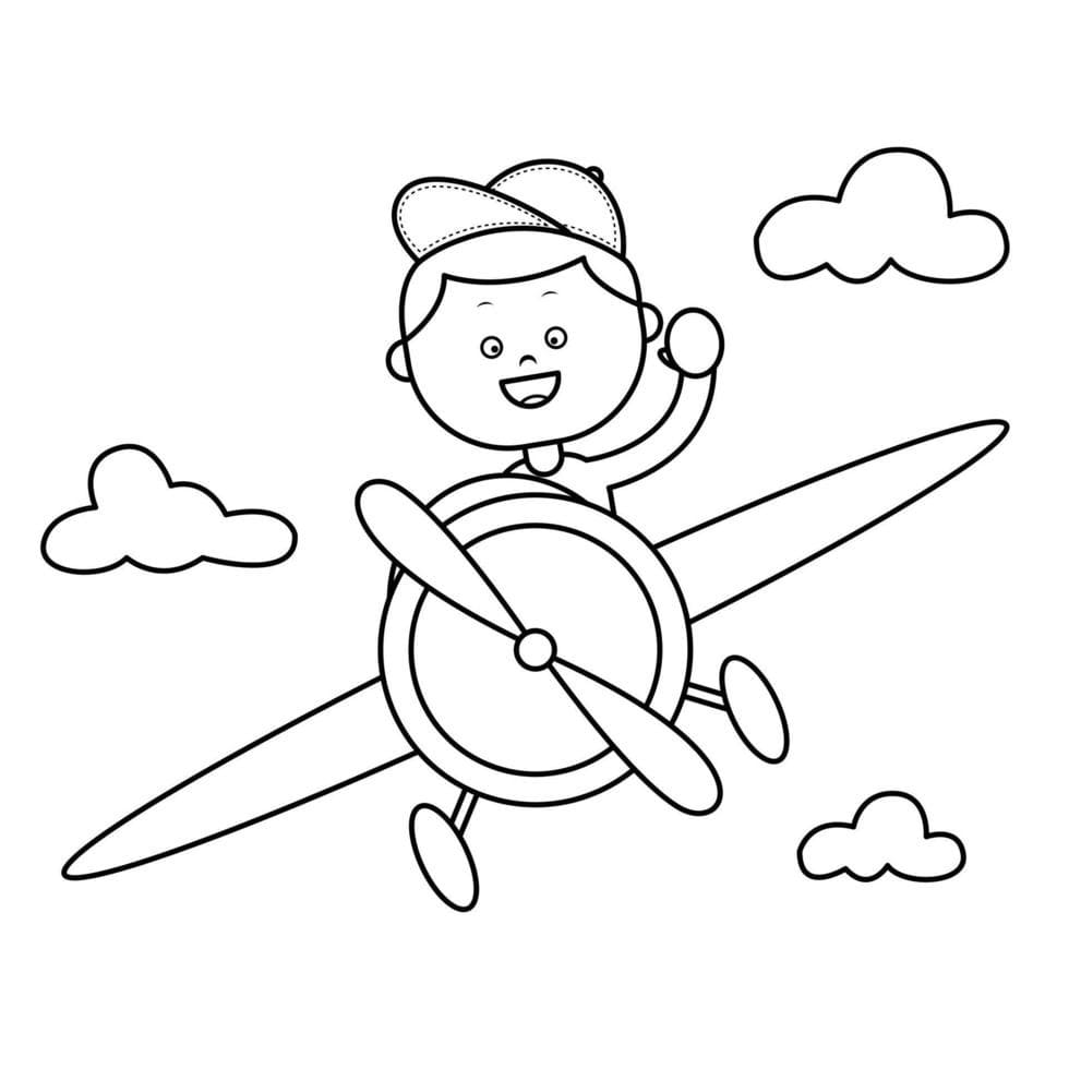 Coloriage Garçon Heureux Dans un Avion