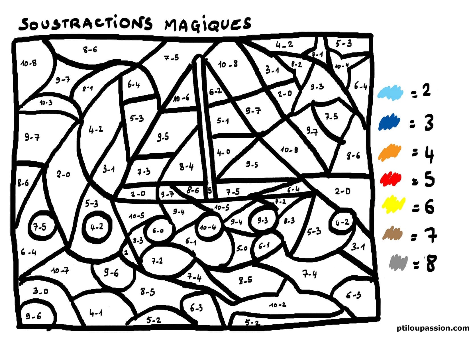 Coloriage Magique Soustraction - Bateau