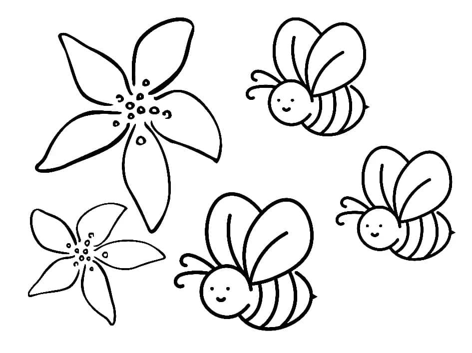 Trois Abeilles et Fleurs coloring page