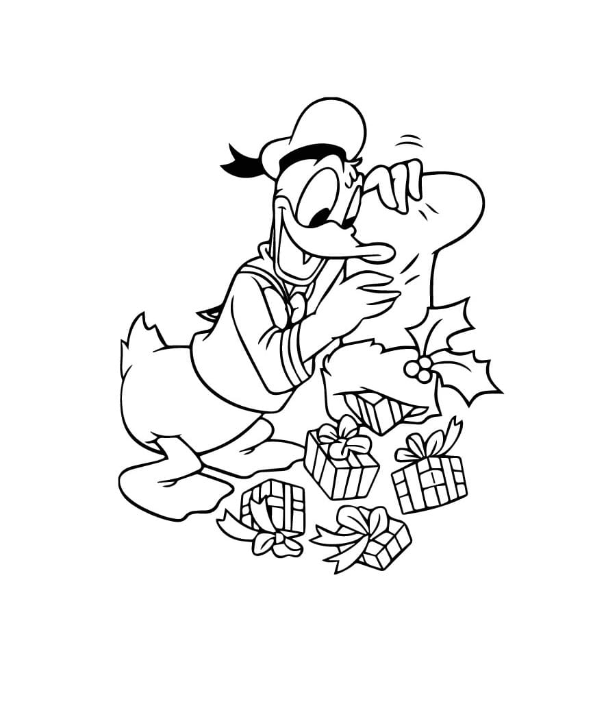 Coloriage Donald Duck et Cadeaux de Noël