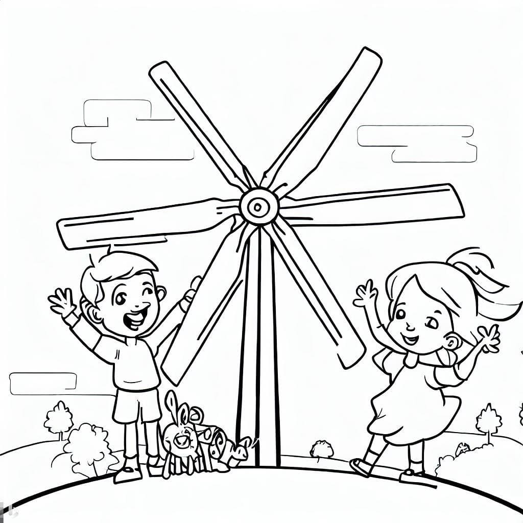 Enfants et Eolienne coloring page