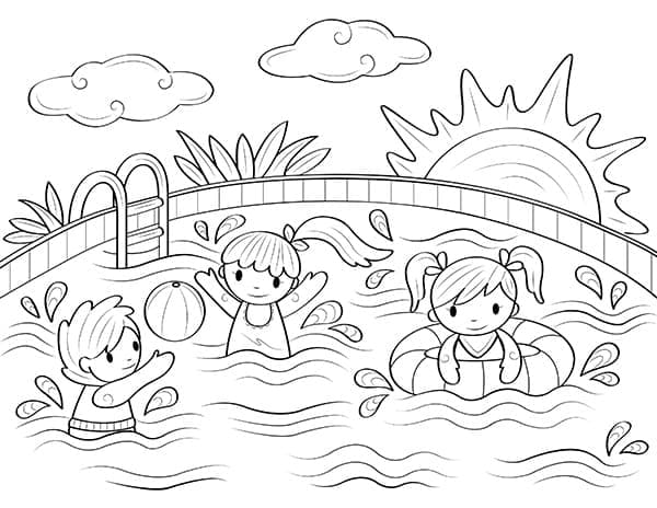 Coloriage Enfants et Piscine