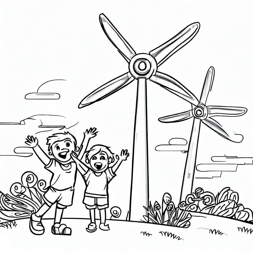 Enfants Heureux et Éolienne coloring page