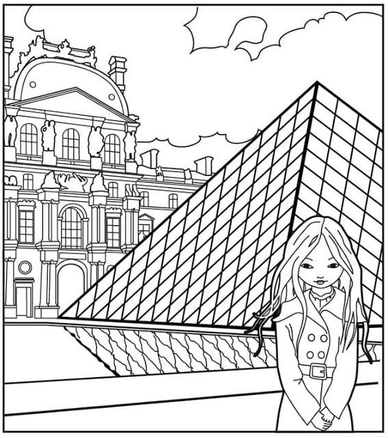 Fille et le Louvre coloring page