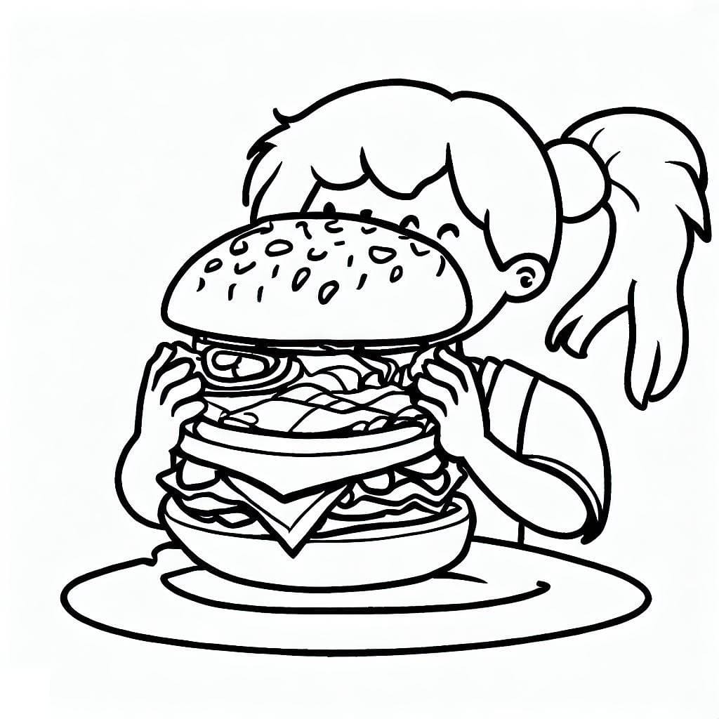 Coloriage Fille Mange un Hamburger