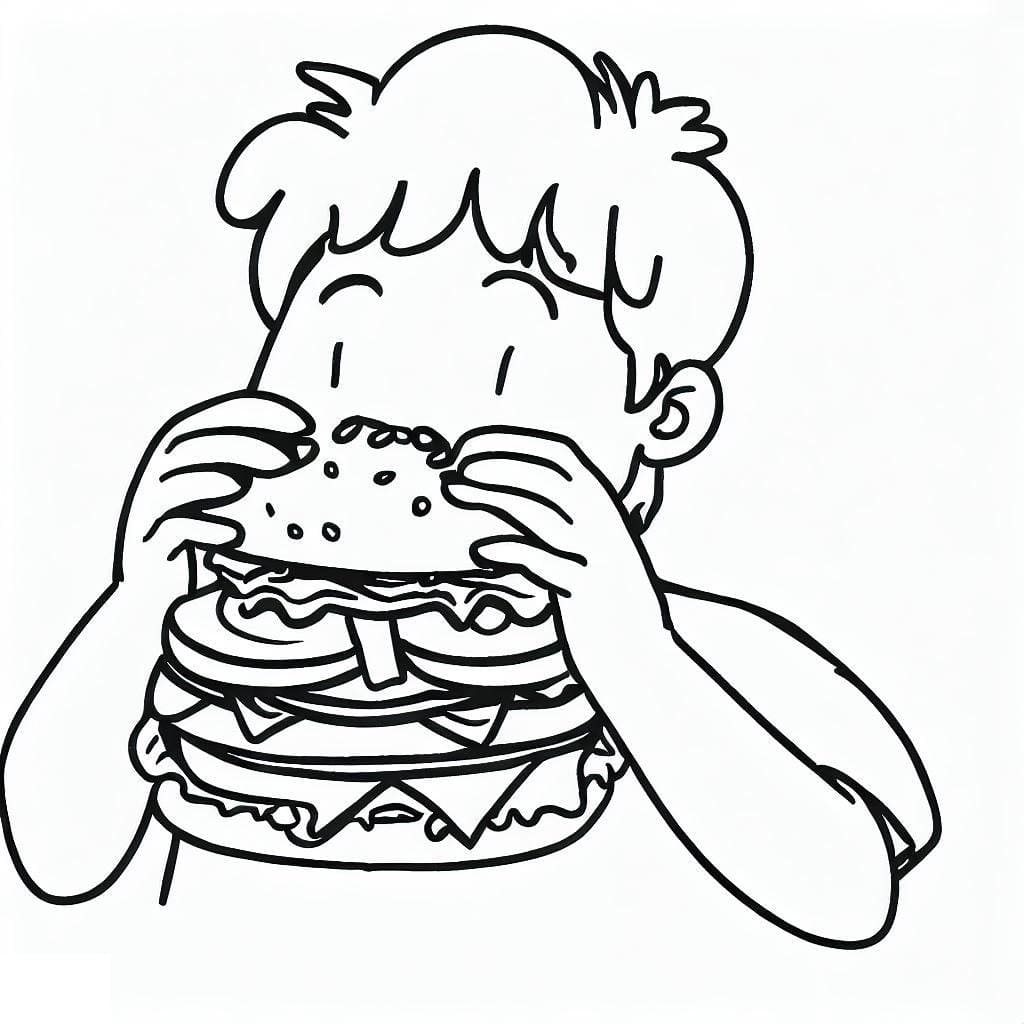 Coloriage Garçon Mange un Hamburger