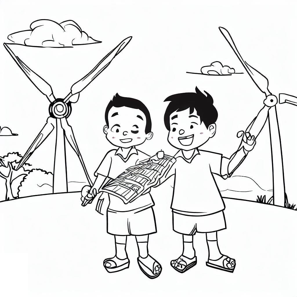 Garçons et Éolienne coloring page