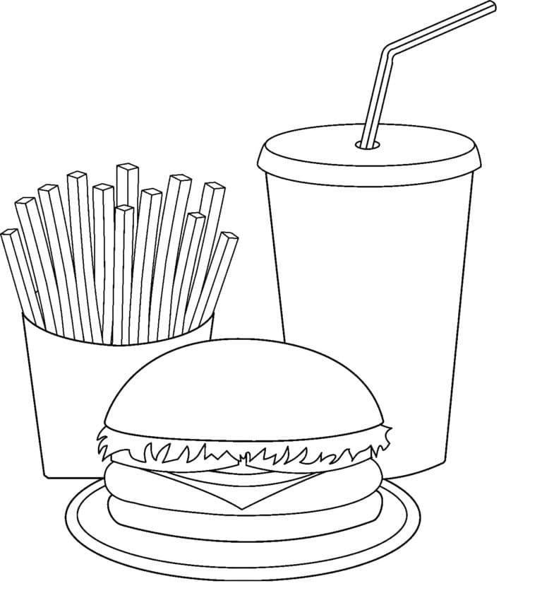 Hamburger avec Frites et Boisson coloring page