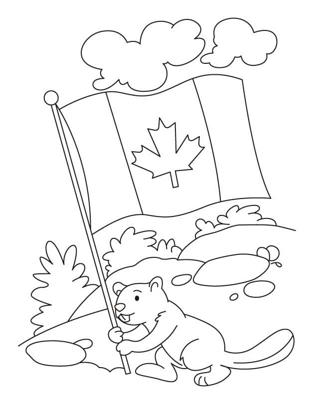 Coloriage Le Castor Tient le Drapeau du Canada