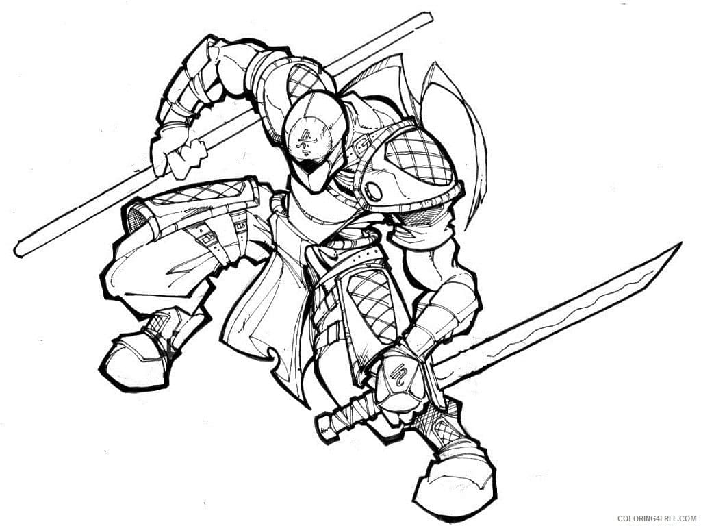 Coloriage Ninja avec Lance et Épée