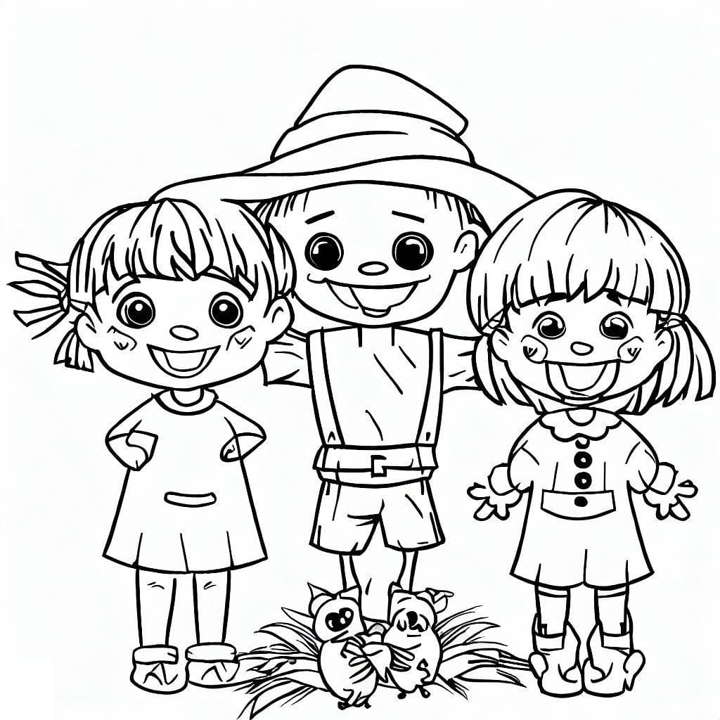 Petits Enfants et Épouvantail coloring page