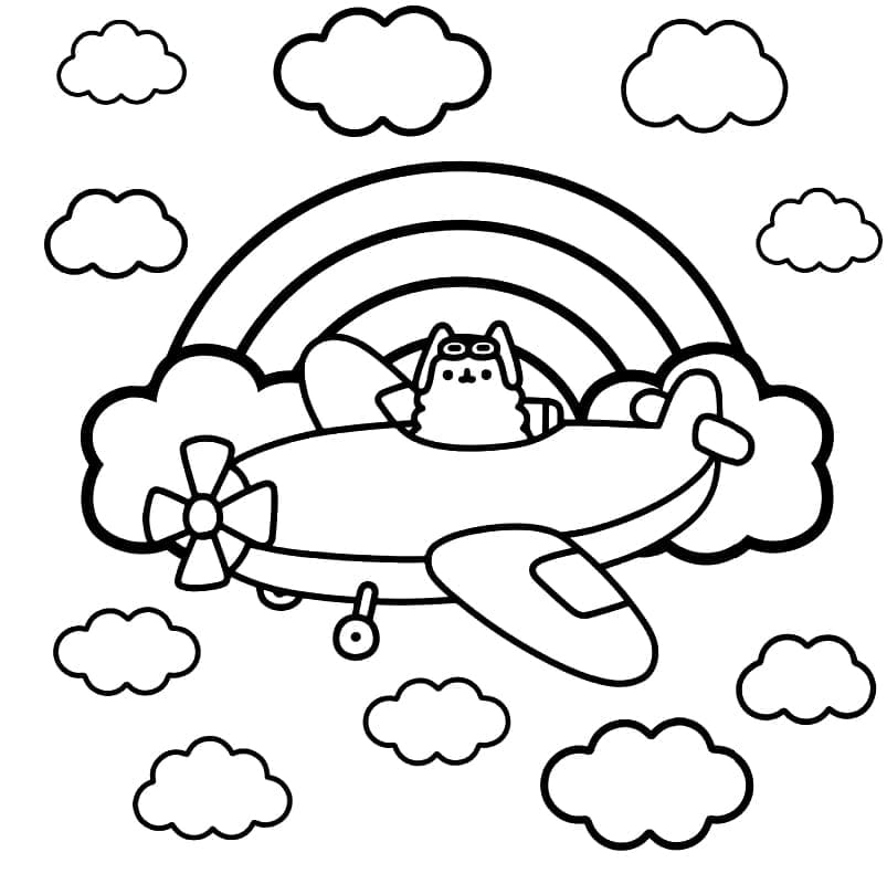Pusheen est dans l’avion coloring page