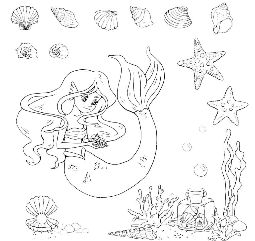 Sirène et Coquillages coloring page