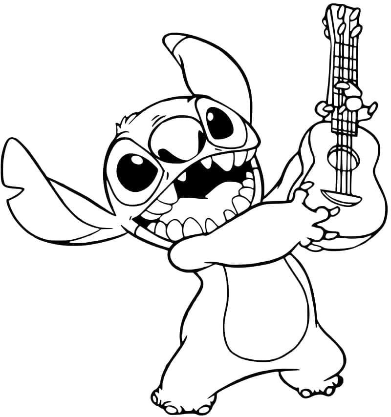 Coloriage Stitch avec une Guitare