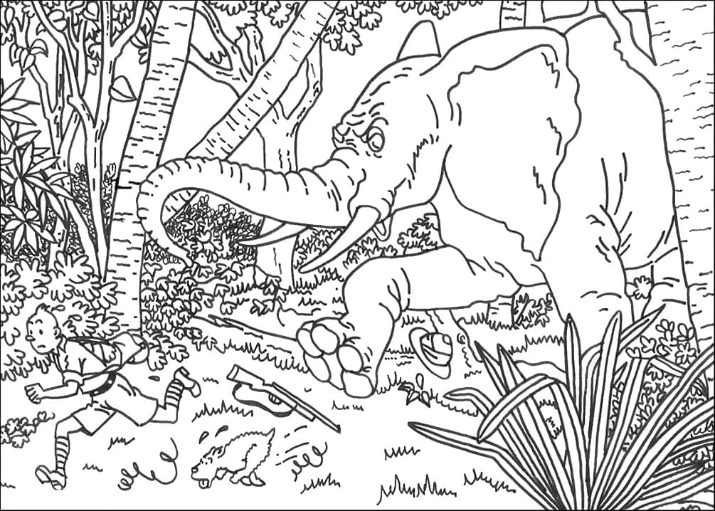 Tintin s’échappe de l’éléphant coloring page