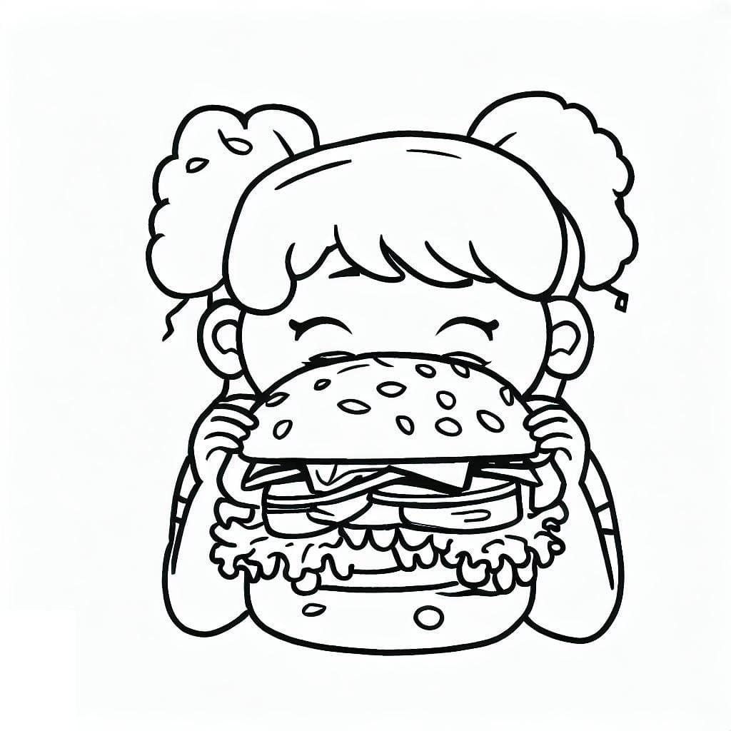 Coloriage Une Fille Mange un Hamburger