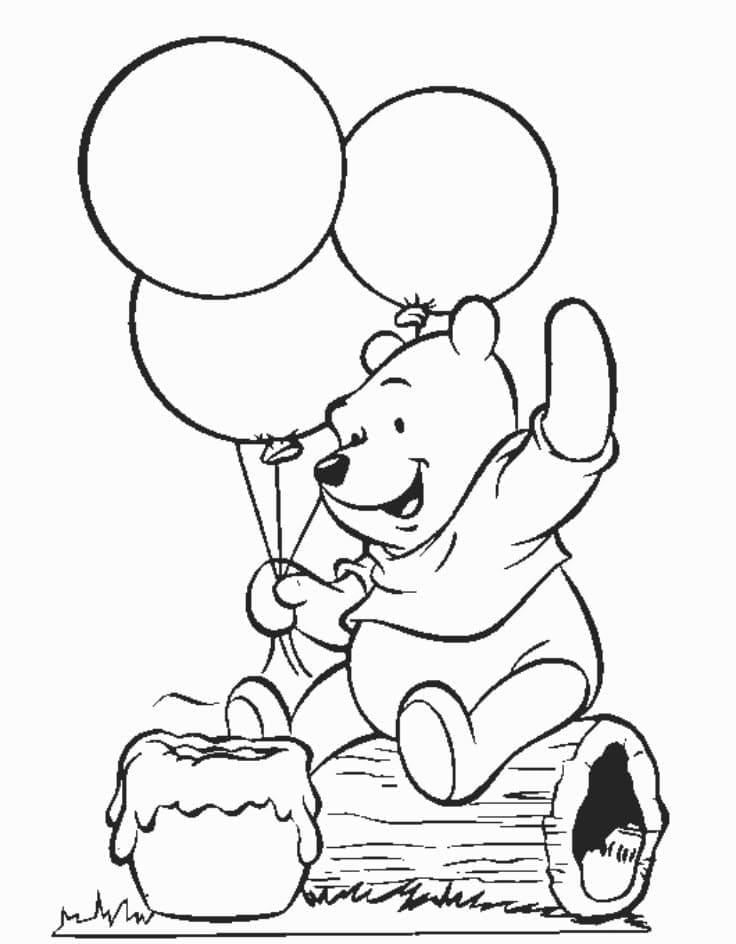 Coloriage Winnie l'Ourson avec des Ballons