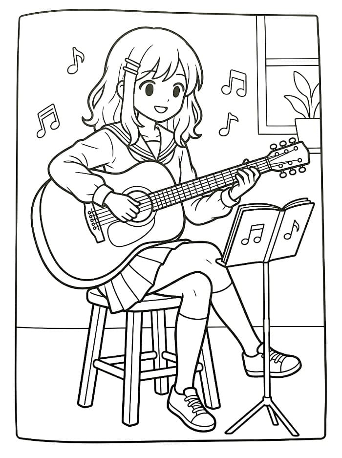 Fille Manga Joue de la Guitare coloring page