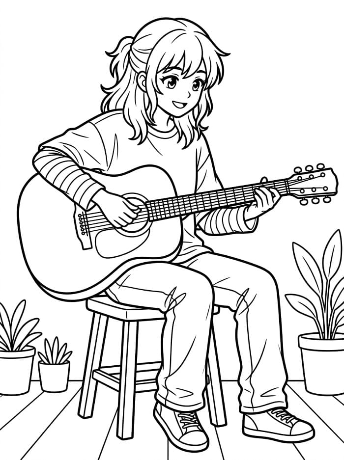 Manga Fille Joue de la Guitare coloring page