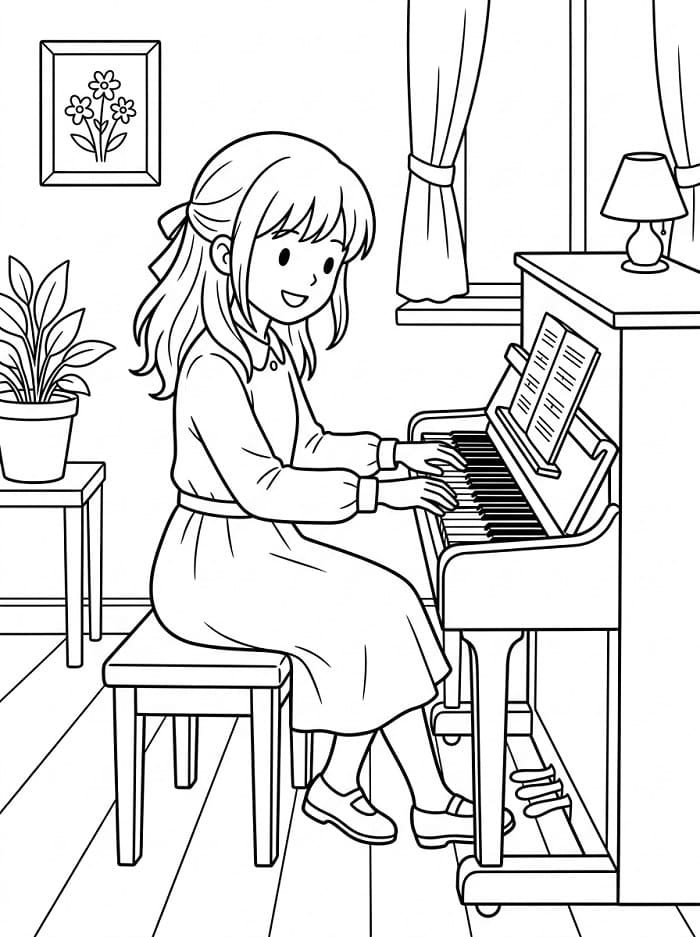 Manga Fille Joue du Piano coloring page