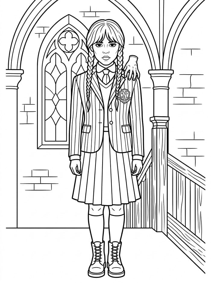 Coloriage Mercredi Addams et La Chose
