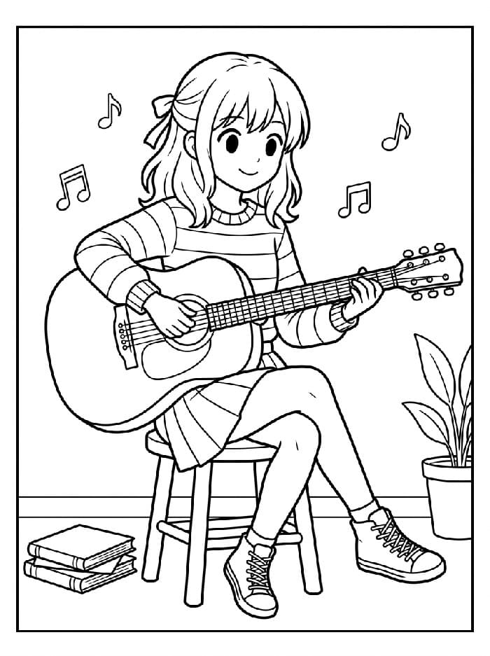 Une Fille Manga Joue de la Guitare coloring page