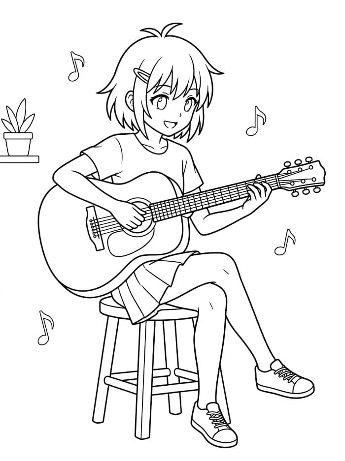 Une Manga Fille Joue de la Guitare coloring page