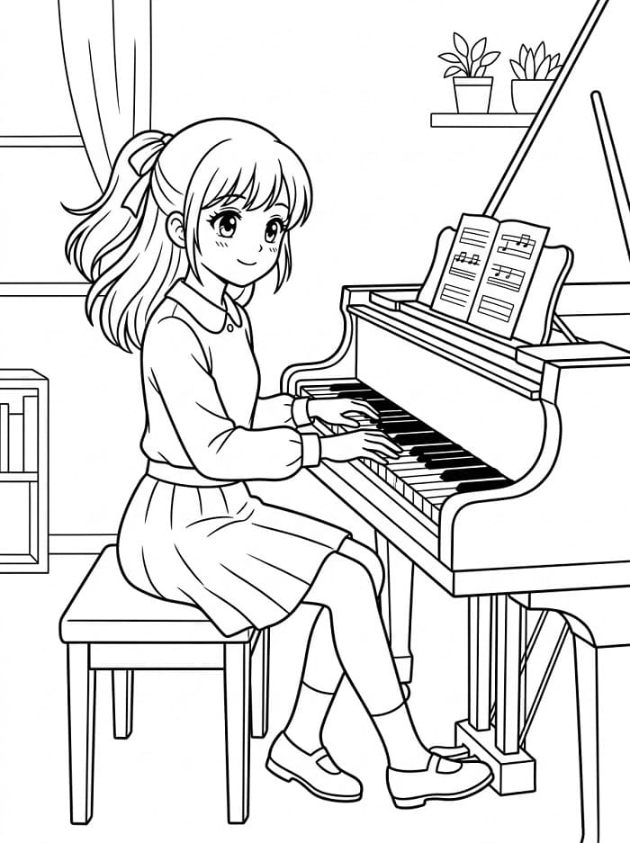 Une Manga Fille Joue du Piano coloring page