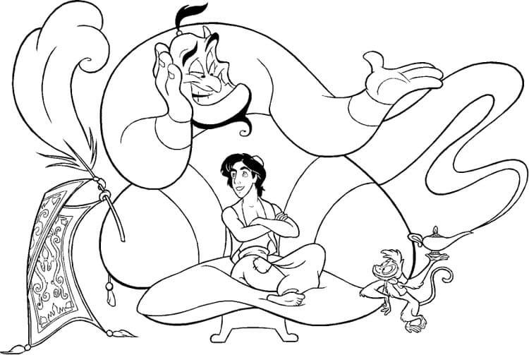 Coloriage Aladdin, Génie et Abu