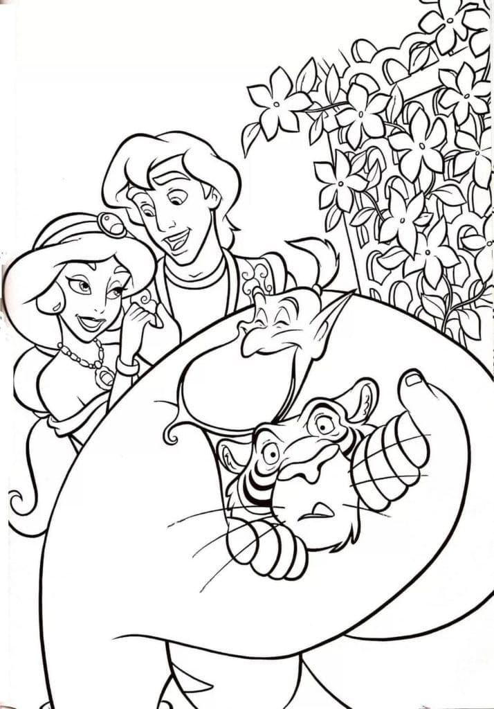 Aladdin, Jasmine, Génie et Rajah coloring page