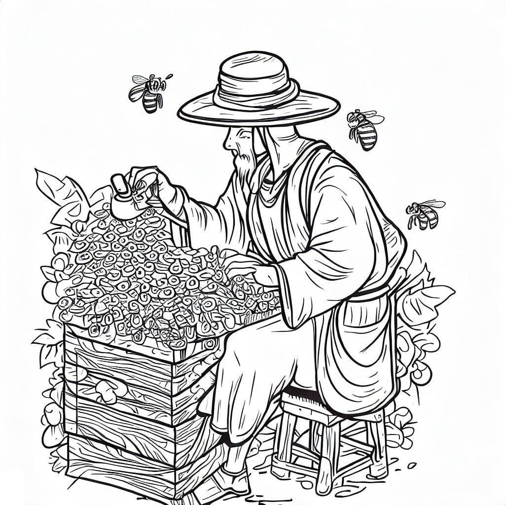 Coloriage Apiculteur et Des Abeilles