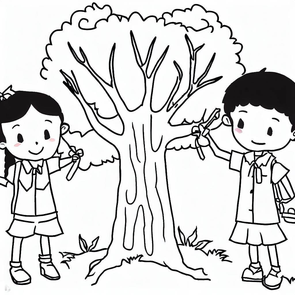 Deux Enfants et Arbre coloring page