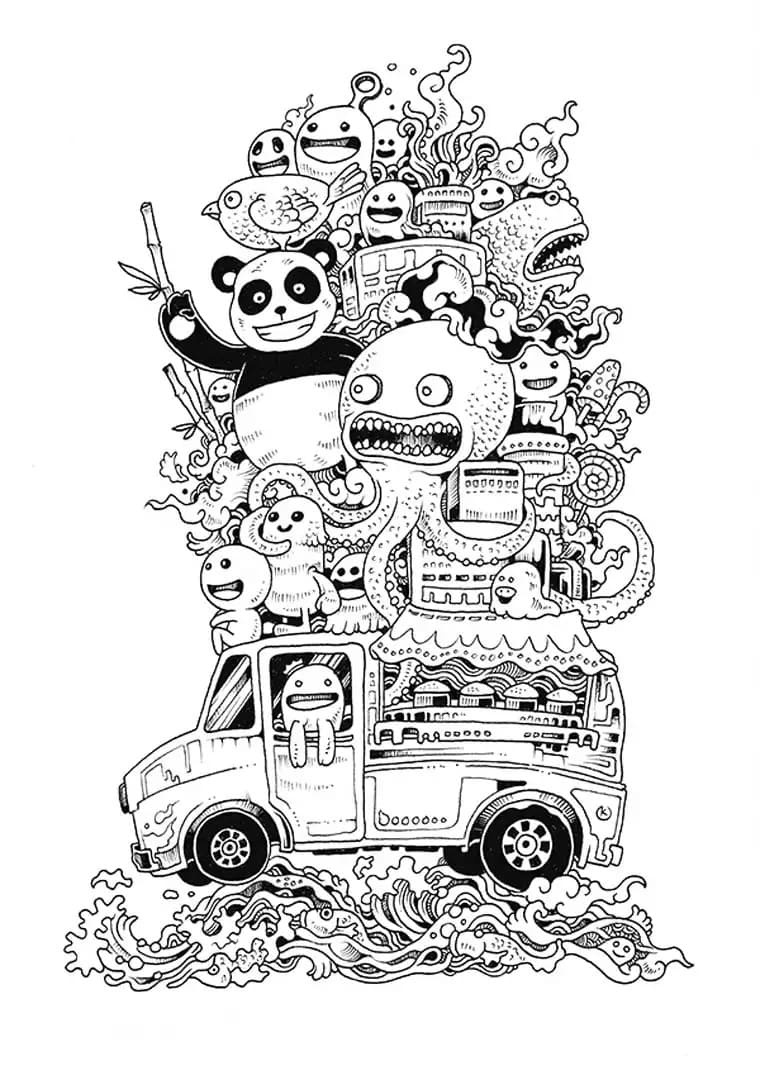 Coloriage Doodle Art Fourgon des Monstres - télécharger et imprimer