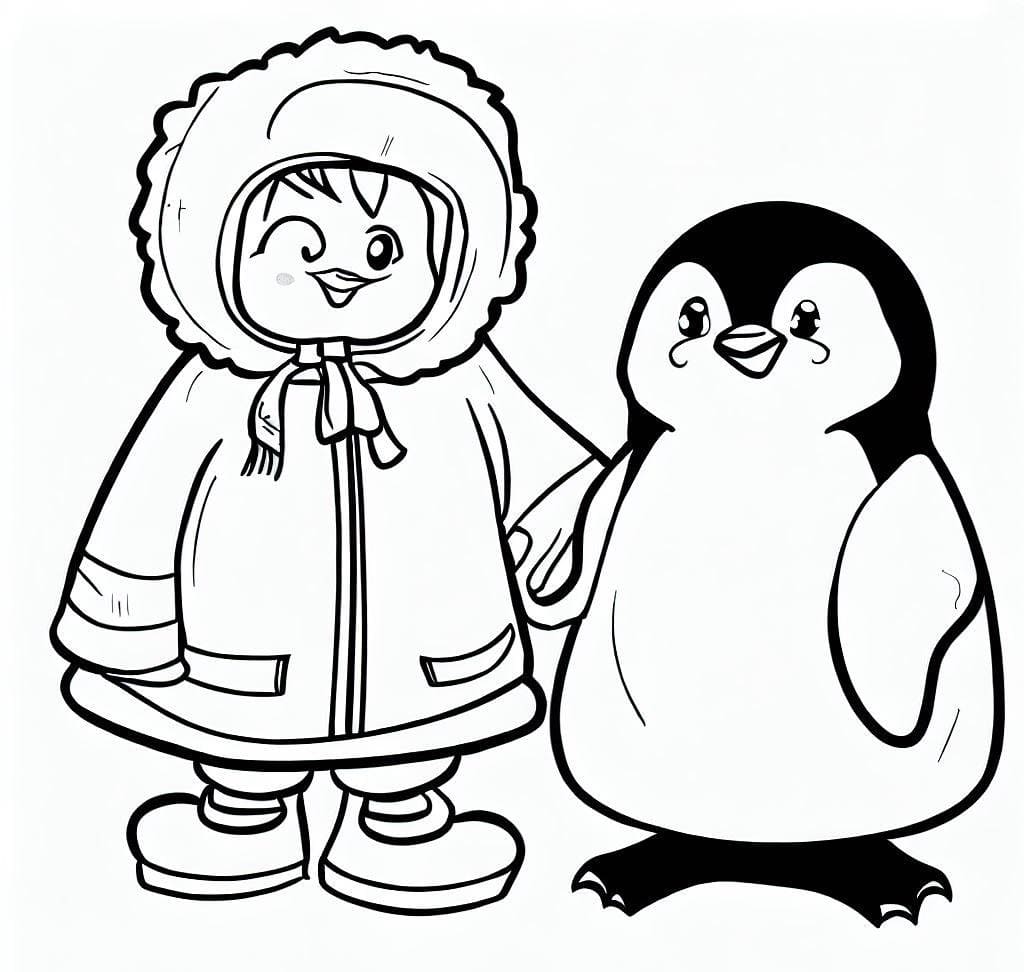 Coloriage Esquimau et Pingouin
