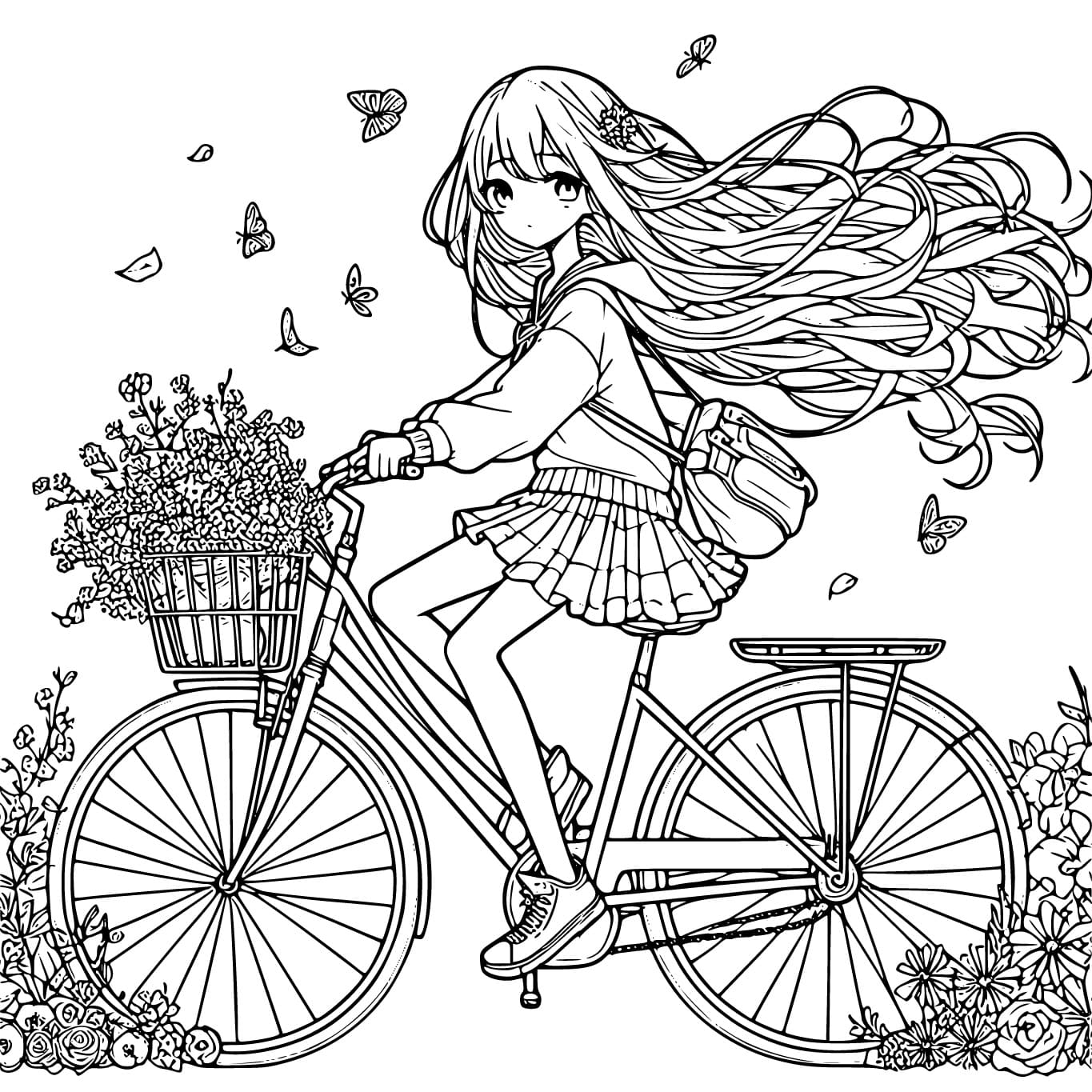 Coloriage Fille Manga à Vélo