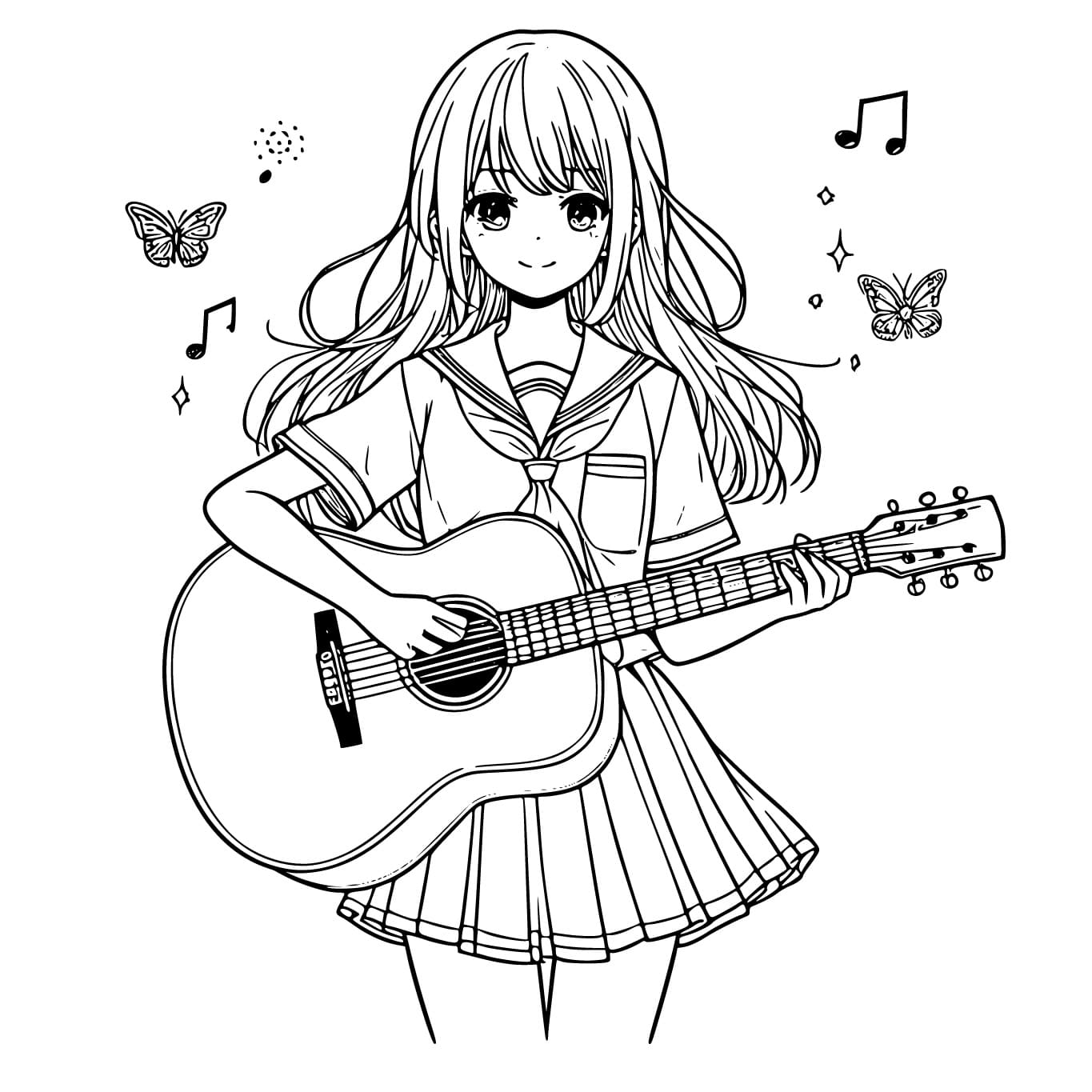 Fille Manga Joue de la Guitare coloring page