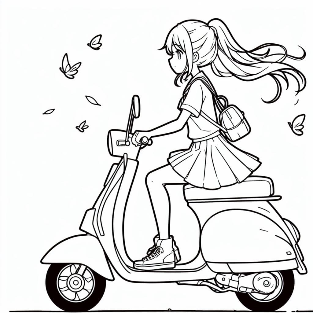 Coloriage Fille Manga Sur Scooter
