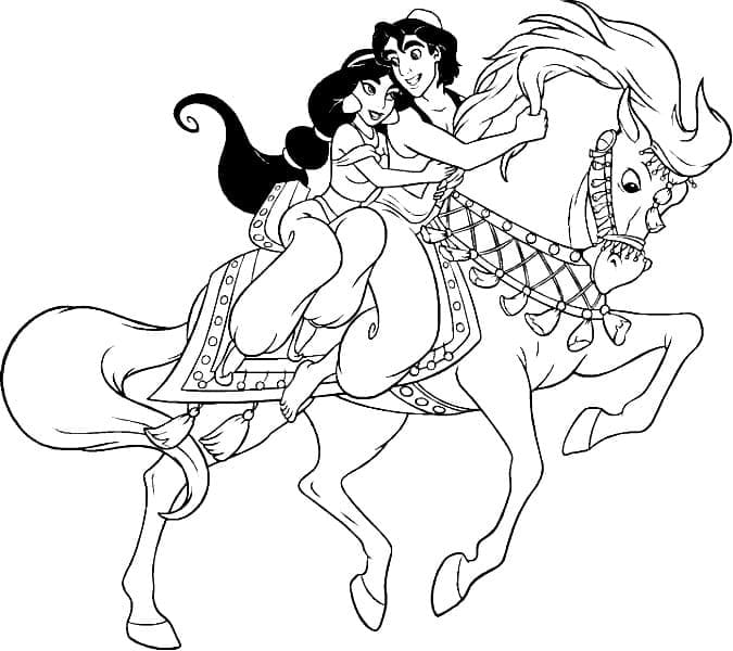 Coloriage Jasmine et Aladdin Montent à Cheval