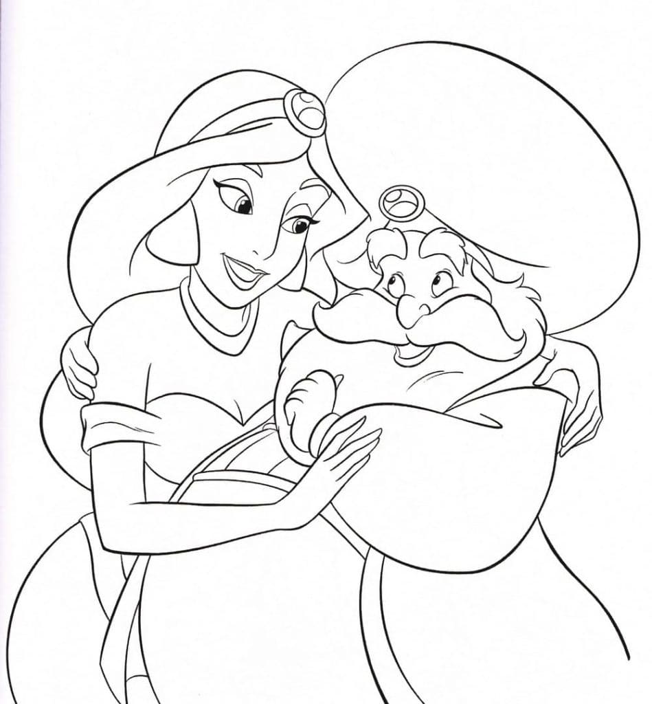 Coloriage Jasmine et Le Sultan de Aladdin