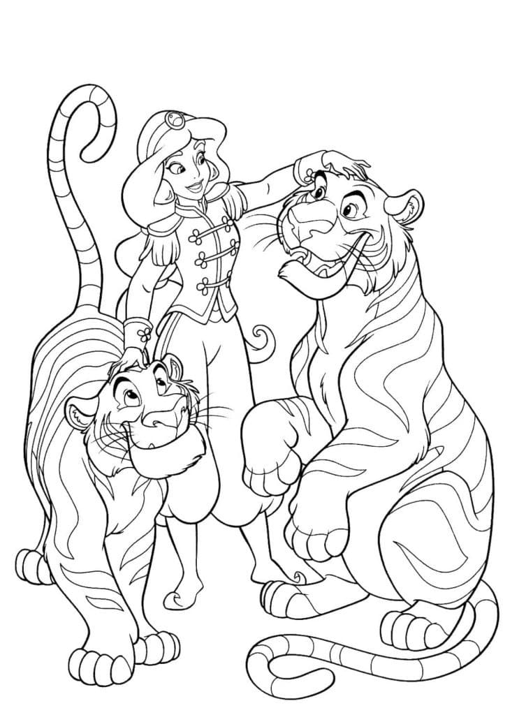 Coloriage Jasmine et Tigres