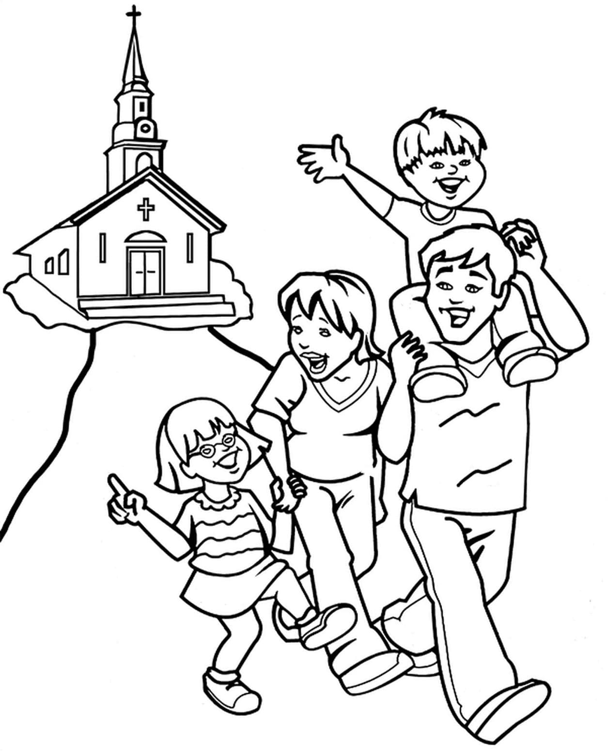 Coloriage La Famille va à l'église