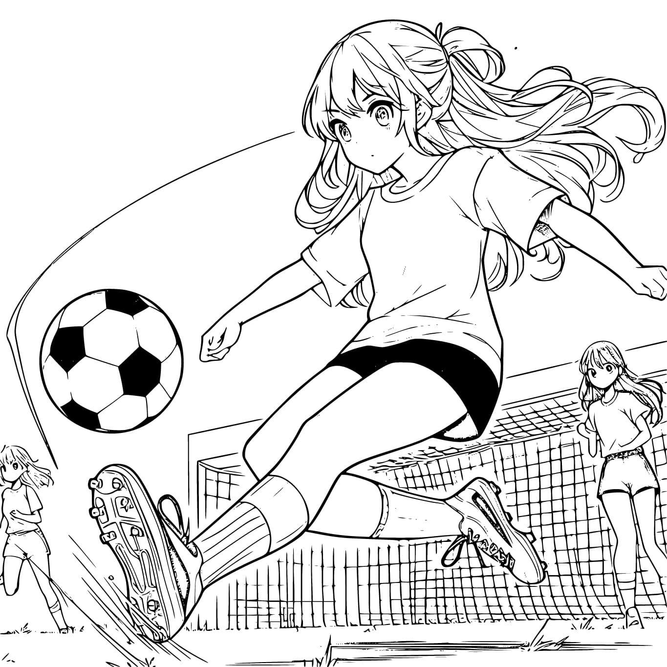 Coloriage Les Filles du Manga Jouent au Football