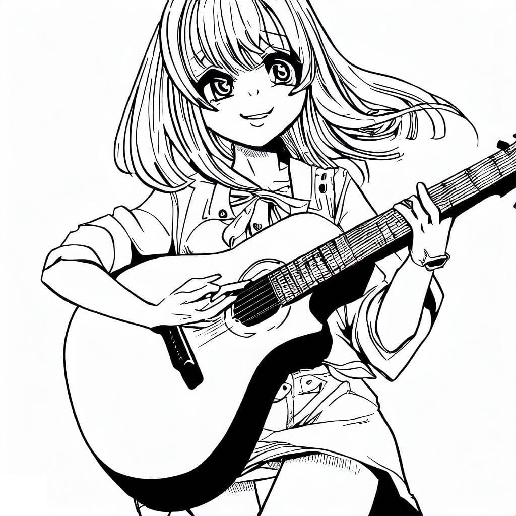 Coloriage Manga Fille Joue de la Guitare