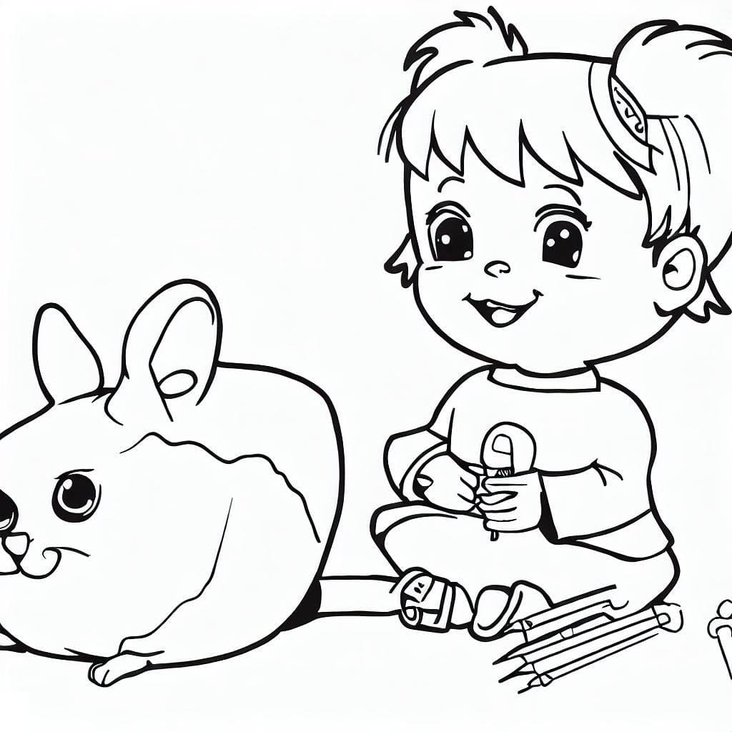 Coloriage Petite Fille et Hamster