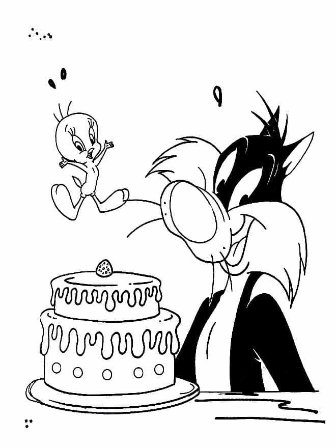 Titi et Grosminet avec Gâteau d’Anniversaire coloring page